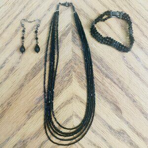 3 Piece Jewelry Set Necklace Earrings Bracelet Black Silver Glass Metal Beads